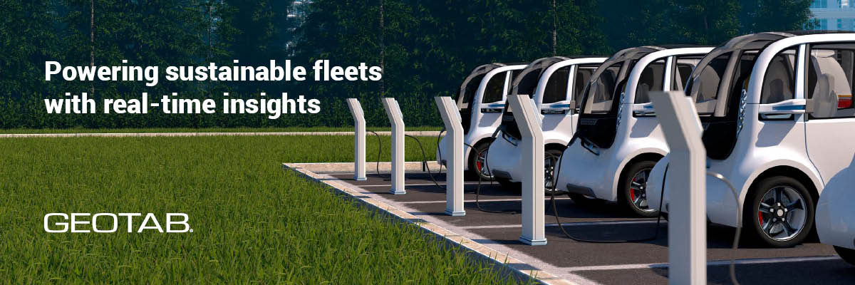Geotab sustainability graphic with electric chargining vehicles